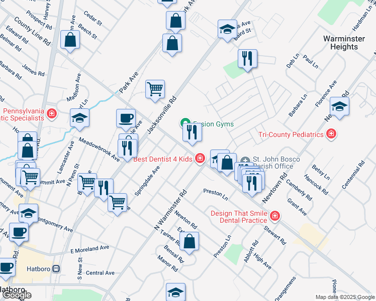 map of restaurants, bars, coffee shops, grocery stores, and more near 753 East County Line Road in Hatboro