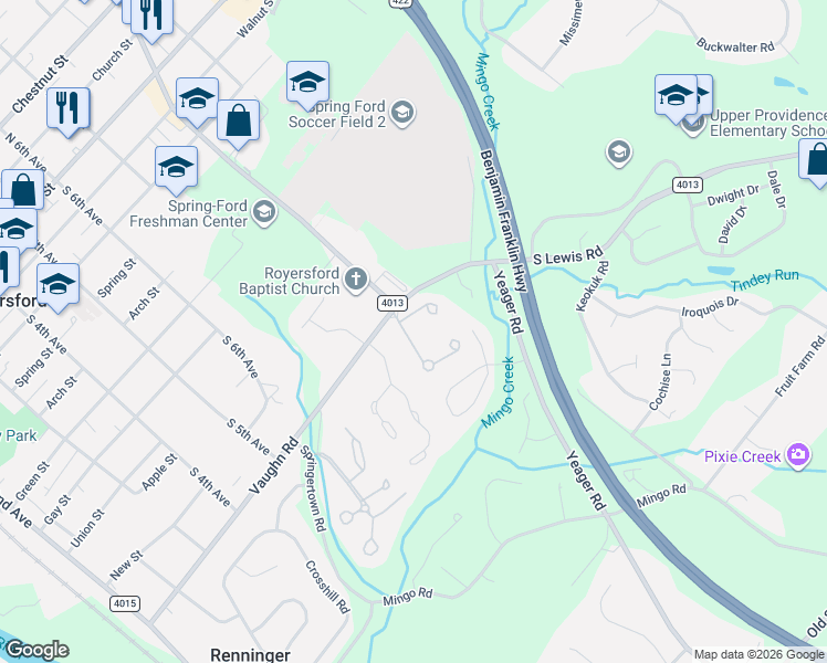 map of restaurants, bars, coffee shops, grocery stores, and more near 75 Orchard Court in Royersford