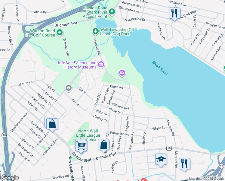 map of restaurants, bars, coffee shops, grocery stores, and more near 1301 Salem Avenue in Wall Township