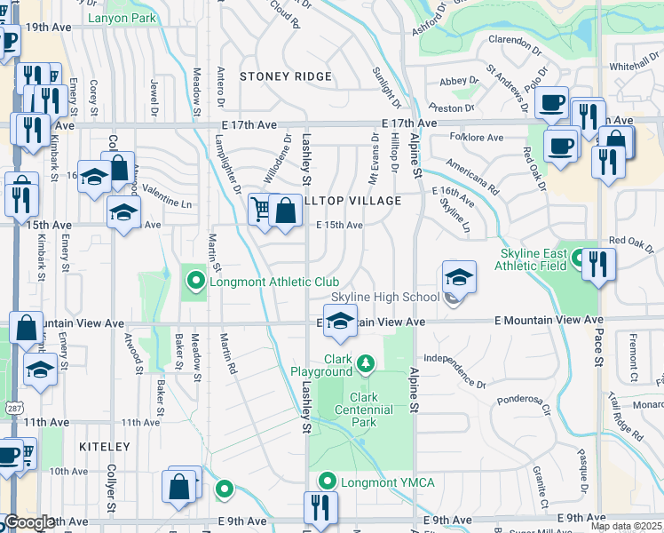 map of restaurants, bars, coffee shops, grocery stores, and more near 1439 Meeker Drive in Longmont