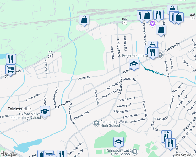 map of restaurants, bars, coffee shops, grocery stores, and more near 660 Austin Drive in Fairless Hills