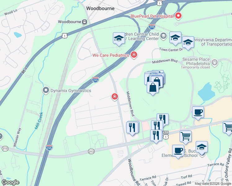 map of restaurants, bars, coffee shops, grocery stores, and more near 454 Woodbourne Rd in Langhorne