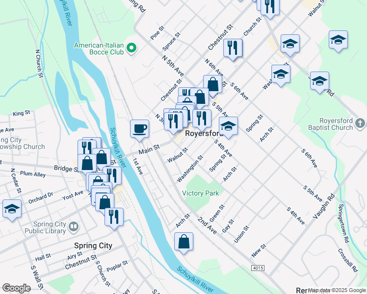 map of restaurants, bars, coffee shops, grocery stores, and more near 301 Walnut Street in Royersford