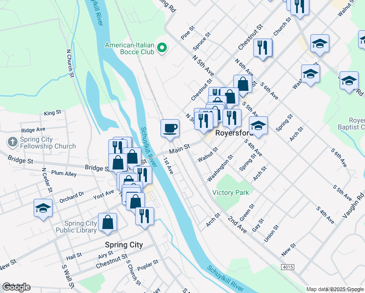map of restaurants, bars, coffee shops, grocery stores, and more near 149 Main Street in Royersford