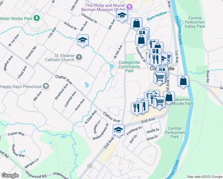 map of restaurants, bars, coffee shops, grocery stores, and more near 181 Heritage Drive in Collegeville