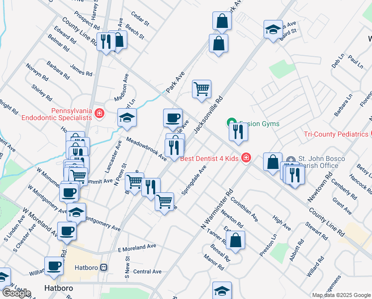 map of restaurants, bars, coffee shops, grocery stores, and more near 446 Jacksonville Road in Hatboro