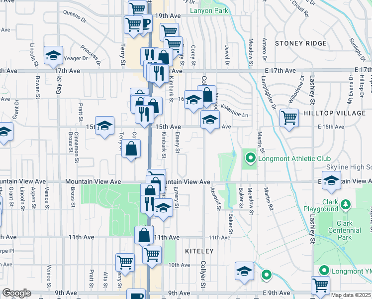 map of restaurants, bars, coffee shops, grocery stores, and more near 1410 Emery Court in Longmont