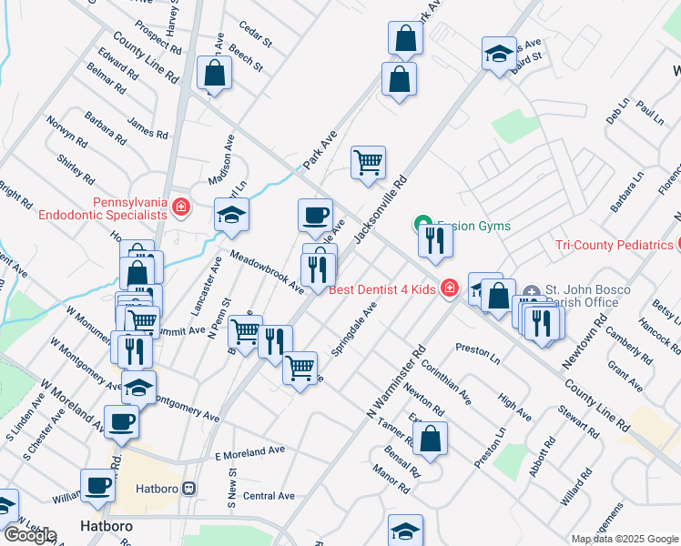 map of restaurants, bars, coffee shops, grocery stores, and more near 448 Jacksonville Road in Hatboro