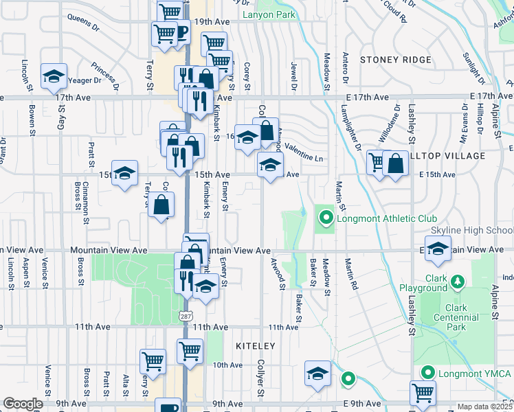 map of restaurants, bars, coffee shops, grocery stores, and more near 321 14th Place in Longmont