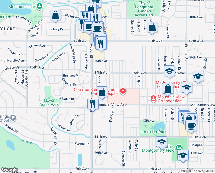 map of restaurants, bars, coffee shops, grocery stores, and more near 1401 Stuart Street in Longmont