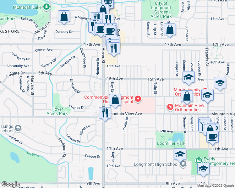 map of restaurants, bars, coffee shops, grocery stores, and more near 1401 Stuart Street in Longmont