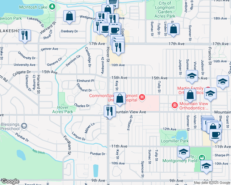 map of restaurants, bars, coffee shops, grocery stores, and more near 1420 Hover Street in Longmont