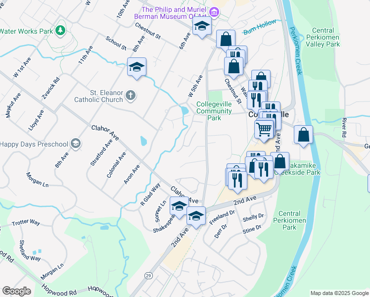 map of restaurants, bars, coffee shops, grocery stores, and more near 181 Heritage Drive in Collegeville