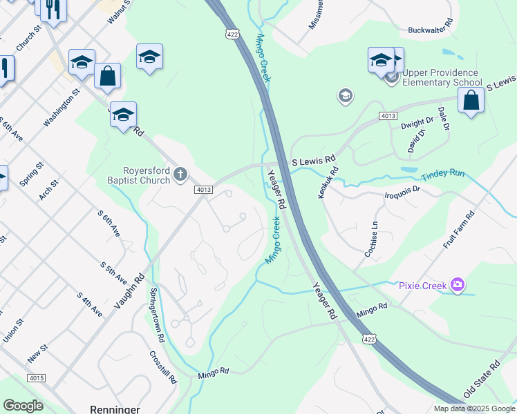 map of restaurants, bars, coffee shops, grocery stores, and more near 812 Lizzie Lane in Royersford