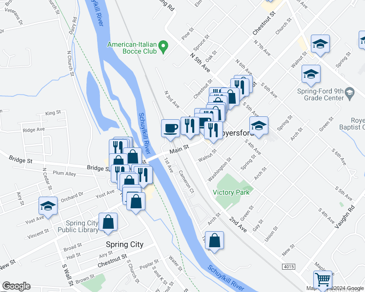 map of restaurants, bars, coffee shops, grocery stores, and more near 13 2nd Avenue in Royersford