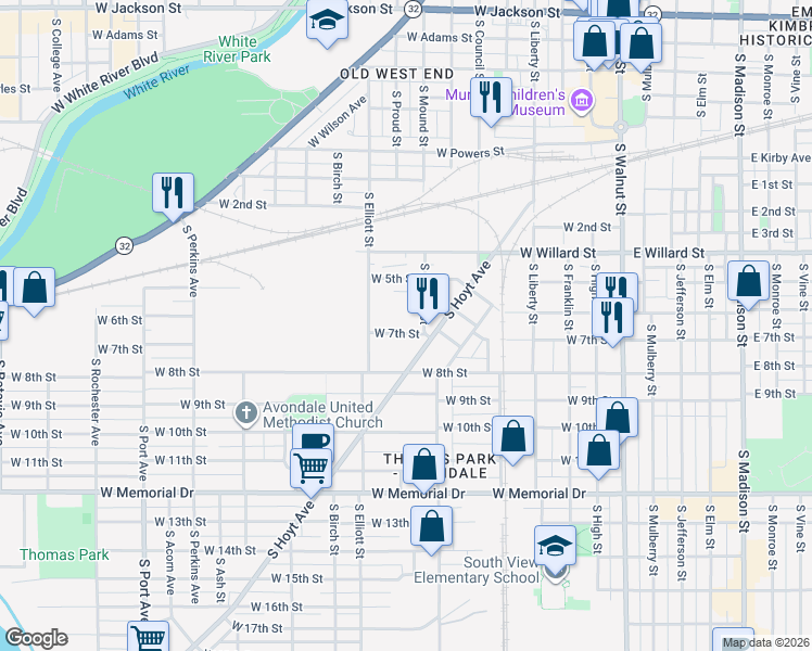 map of restaurants, bars, coffee shops, grocery stores, and more near 818 West 7th Street in Muncie