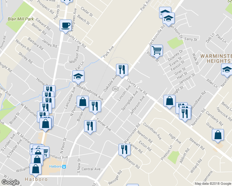 map of restaurants, bars, coffee shops, grocery stores, and more near 448 Jacksonville Road in Hatboro