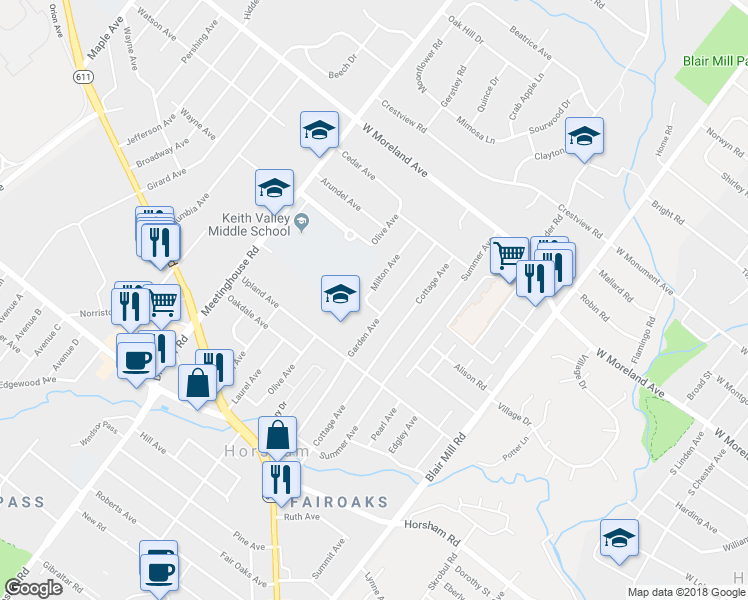 map of restaurants, bars, coffee shops, grocery stores, and more near 235 Milton Avenue in Horsham