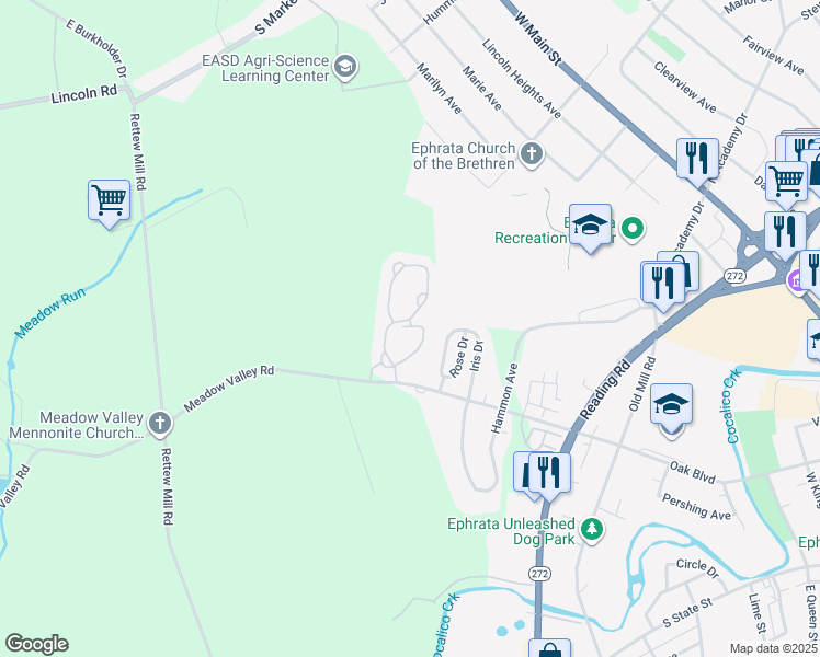 map of restaurants, bars, coffee shops, grocery stores, and more near 93 Stonecreek Court in Ephrata