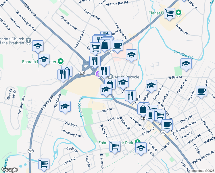 map of restaurants, bars, coffee shops, grocery stores, and more near 519 W Main St in Ephrata