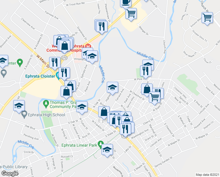 map of restaurants, bars, coffee shops, grocery stores, and more near 98 Highland Avenue in Ephrata