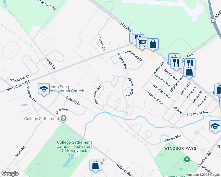 map of restaurants, bars, coffee shops, grocery stores, and more near in Maple Glen