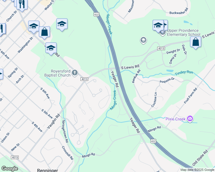 map of restaurants, bars, coffee shops, grocery stores, and more near 812 Lizzie Lane in Royersford