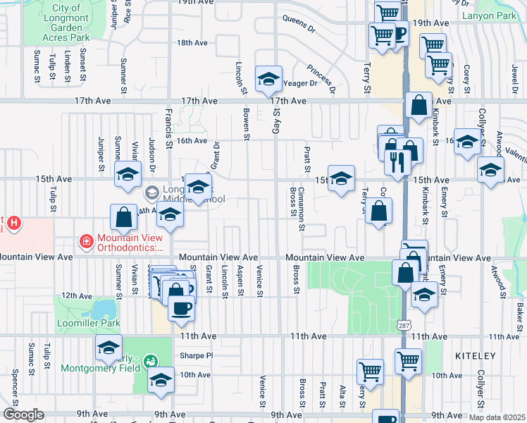 map of restaurants, bars, coffee shops, grocery stores, and more near 1406 Venice Street in Longmont
