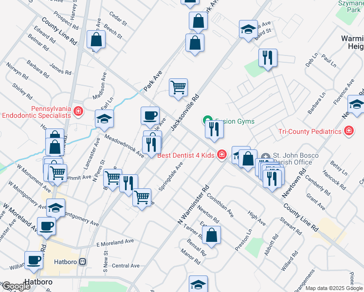 map of restaurants, bars, coffee shops, grocery stores, and more near 470 Lincoln Avenue in Hatboro