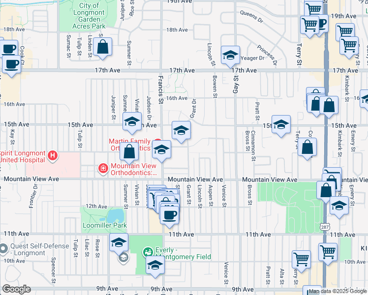 map of restaurants, bars, coffee shops, grocery stores, and more near 1415 14th Avenue in Longmont