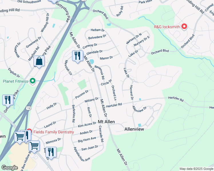 map of restaurants, bars, coffee shops, grocery stores, and more near 401 Reservoir Rd in Mechanicsburg