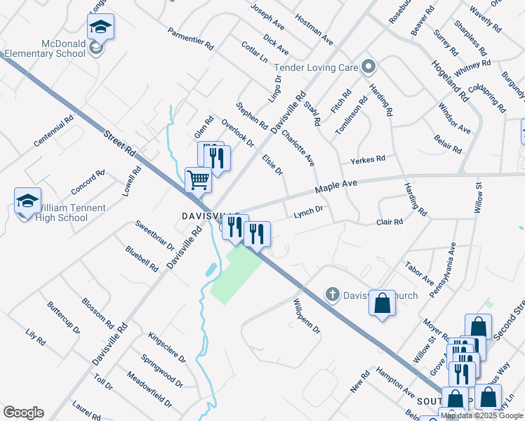 map of restaurants, bars, coffee shops, grocery stores, and more near 74 Maple Avenue in Bucks County