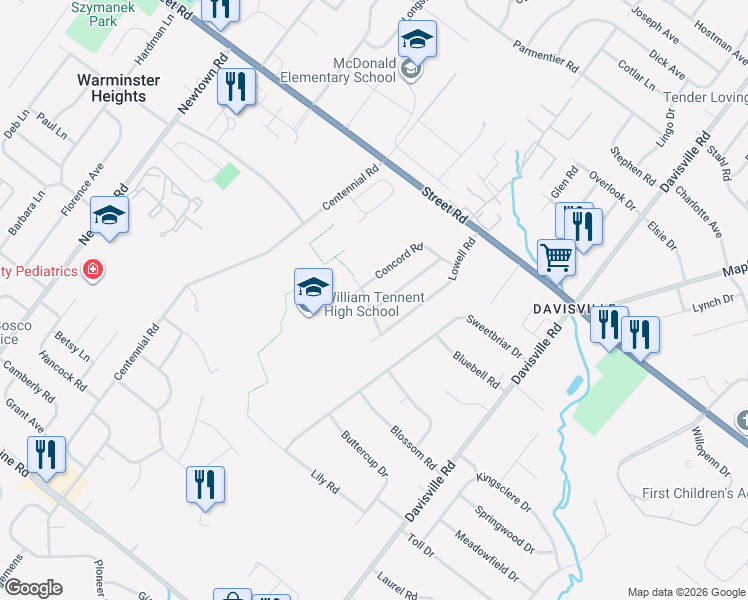 map of restaurants, bars, coffee shops, grocery stores, and more near 516 Winchester Road in Warminster