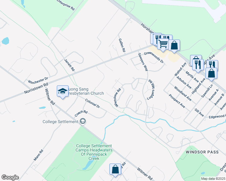 map of restaurants, bars, coffee shops, grocery stores, and more near 64 Woodbine Court in Horsham