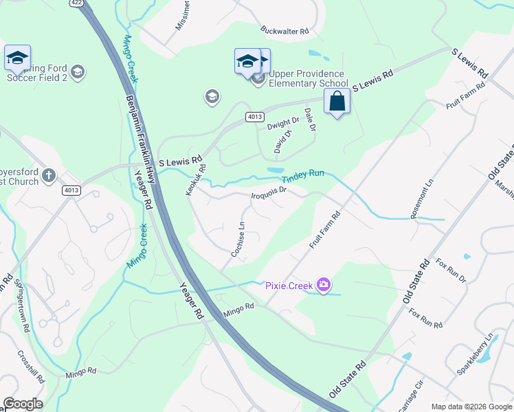 map of restaurants, bars, coffee shops, grocery stores, and more near 15 Shawnee Lane in Royersford