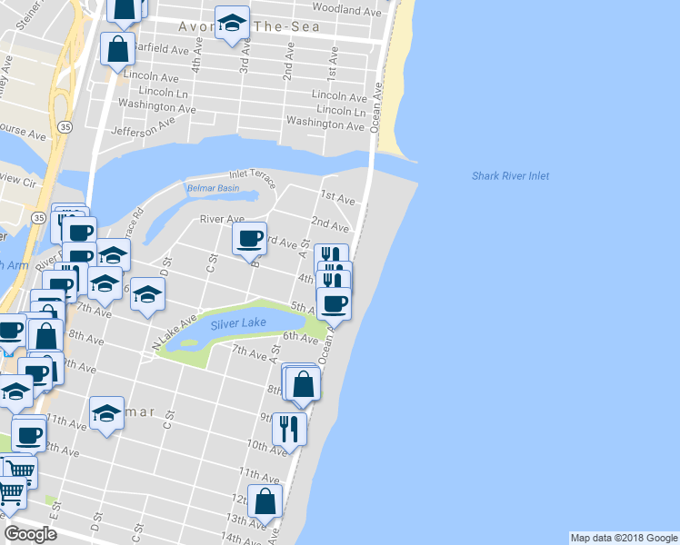 map of restaurants, bars, coffee shops, grocery stores, and more near 307 Ocean Avenue in Belmar