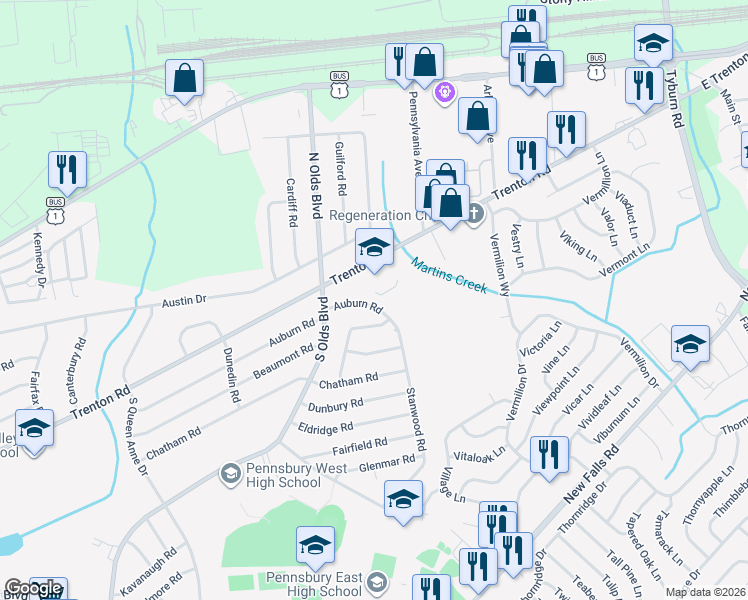 map of restaurants, bars, coffee shops, grocery stores, and more near 815 Auburn Road in Fairless Hills