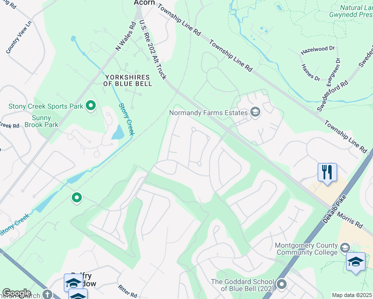 map of restaurants, bars, coffee shops, grocery stores, and more near 113 Birkdale Drive in Blue Bell