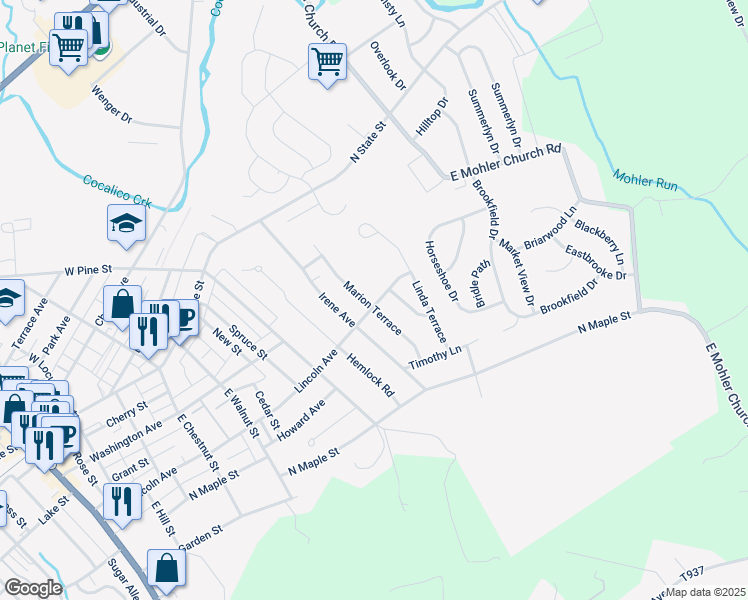 map of restaurants, bars, coffee shops, grocery stores, and more near 138 Marion Terrace in Ephrata