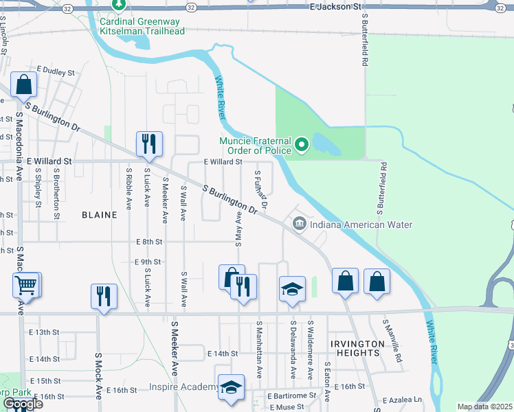 map of restaurants, bars, coffee shops, grocery stores, and more near 1334 South Burlington Drive in Muncie