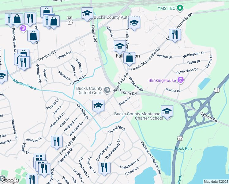 map of restaurants, bars, coffee shops, grocery stores, and more near 9172 New Falls Rd in Levittown