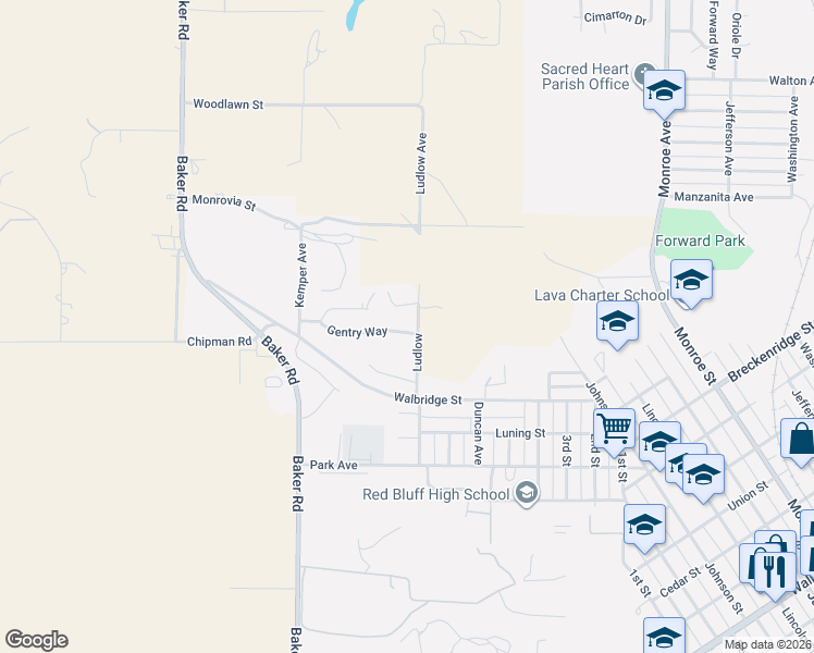 map of restaurants, bars, coffee shops, grocery stores, and more near 1745 Ludlow in Red Bluff