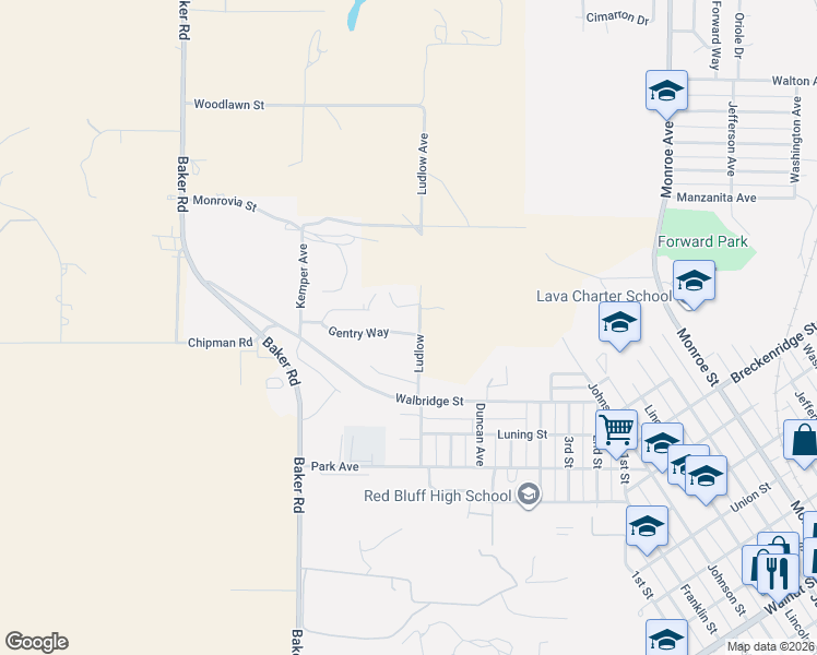 map of restaurants, bars, coffee shops, grocery stores, and more near 1950 Gentry Way in Red Bluff