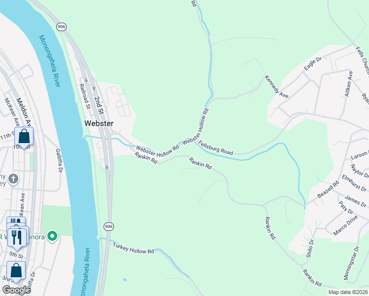 map of restaurants, bars, coffee shops, grocery stores, and more near 574 Webster Hollow Road in Belle Vernon