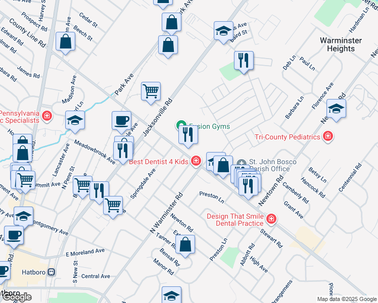 map of restaurants, bars, coffee shops, grocery stores, and more near 125 East County Line Road in Warminster