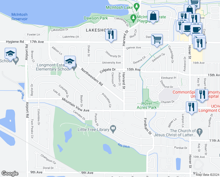 map of restaurants, bars, coffee shops, grocery stores, and more near 1416 Northwestern Road in Longmont