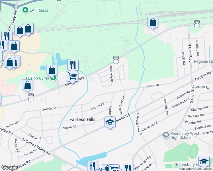 map of restaurants, bars, coffee shops, grocery stores, and more near 88 Kennedy Drive in Fairless Hills