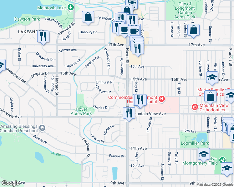 map of restaurants, bars, coffee shops, grocery stores, and more near 1425 Belmont Drive in Longmont