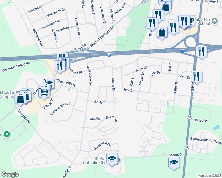 map of restaurants, bars, coffee shops, grocery stores, and more near 1200 Sadler Drive in Carlisle