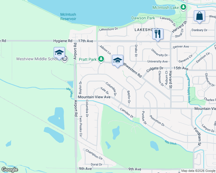map of restaurants, bars, coffee shops, grocery stores, and more near 3571 Columbia Drive in Longmont